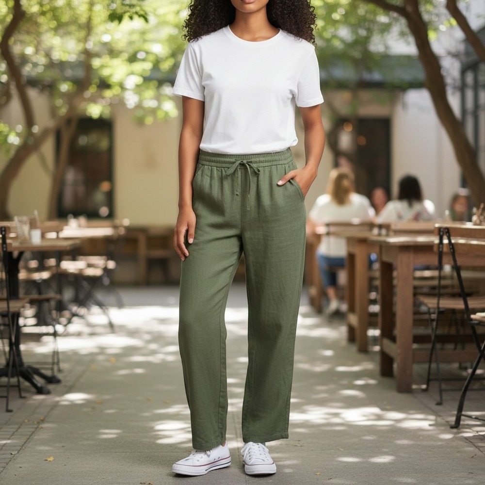 Halara Breezeful High Waisted Drawstring Straight Leg Pants Olive Green L Boho